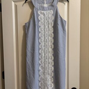 Blue and White Seersucker Dress halter with Lace Detail